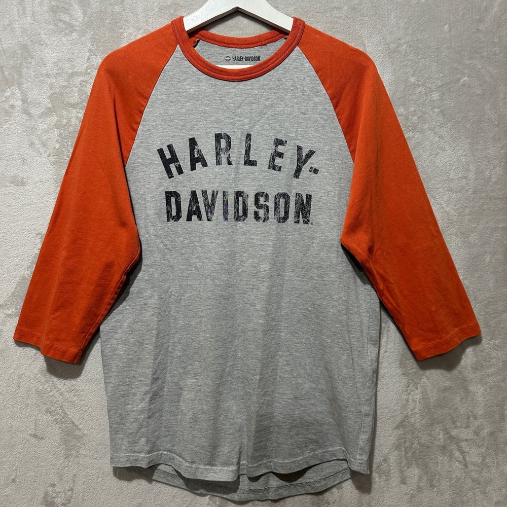 Harley Davidson Mens Small Gray Orange Raglan Baseball T-Shirt 3/4 Sleeve Logo